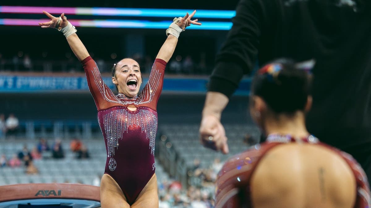 Faith Torrez performing vault at NCAA Women's Gymnastics Championship in Fort Worth Texas