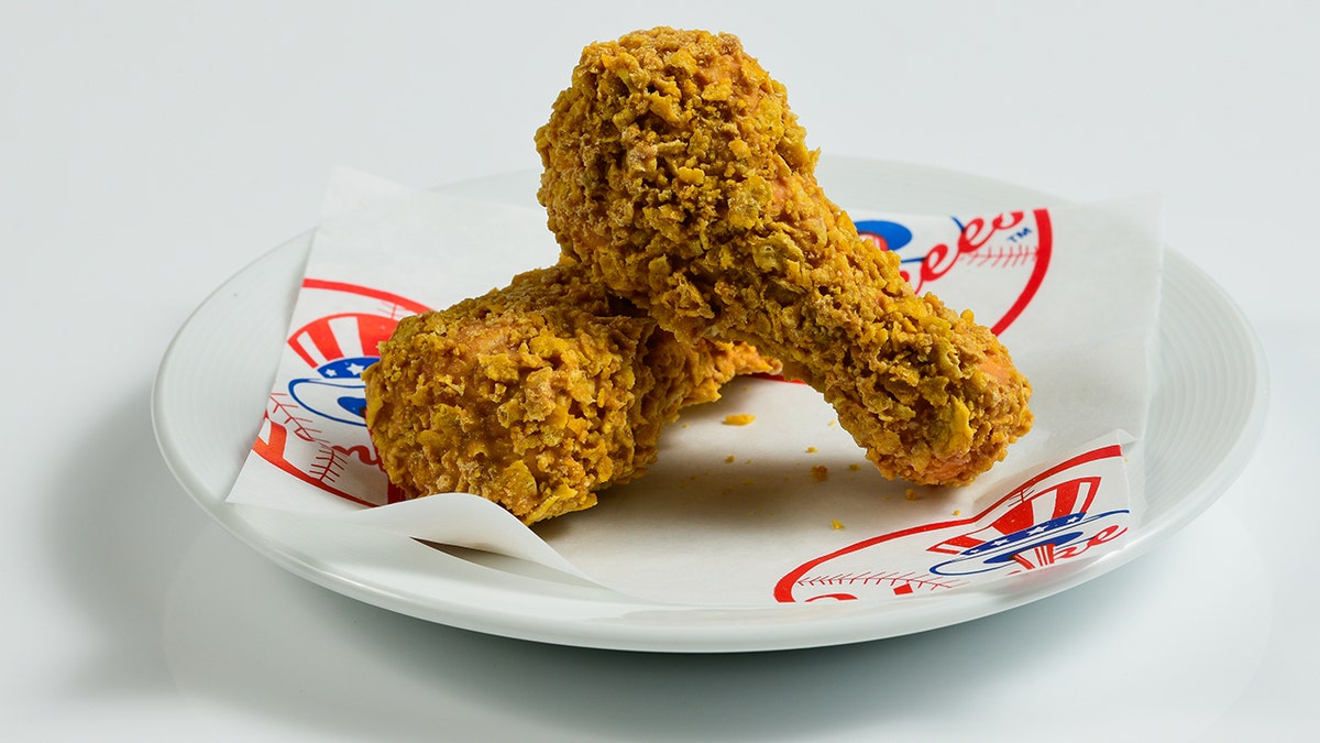 ice cream drumsticks dessert that resembled fried chicken seen on Yankee-branded paper and on plate.