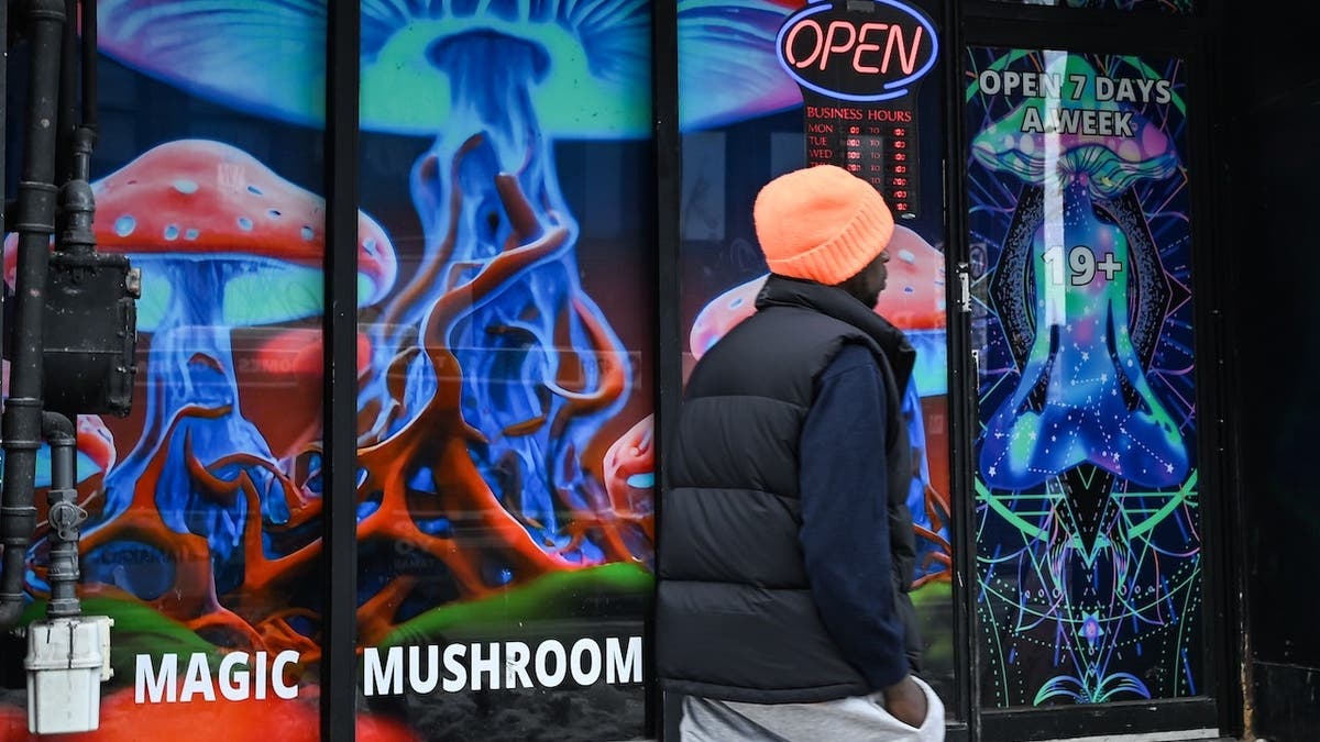 A man walking past FunGuyz magic mushroom shop in downtown Ottawa