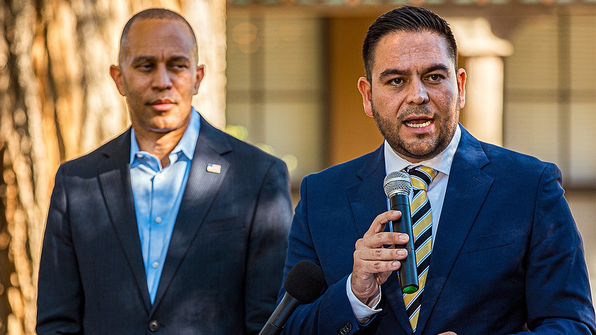 Representative Gabe Vasquez speaking at a news conference in Albuquerque, New Mexico