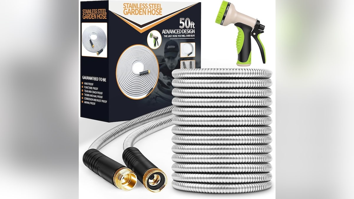 Stainless steel won’t kink and is still lightweight enough to move easily around your yard. 