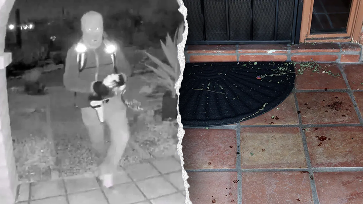 A divided representation showing a masked intruder astatine Nancy Guthrie's location and the humor recovered astatine her doorstep the greeting aft she is believed to person been abducted from her location successful the Catalina Foothills of Tucson, Arizona.