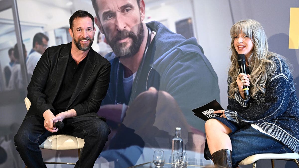 Noah Wyle and Harriet Rose speak onstage during HBO Max event.