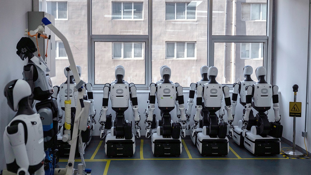 Humanoid robots are lined up at a production facility.