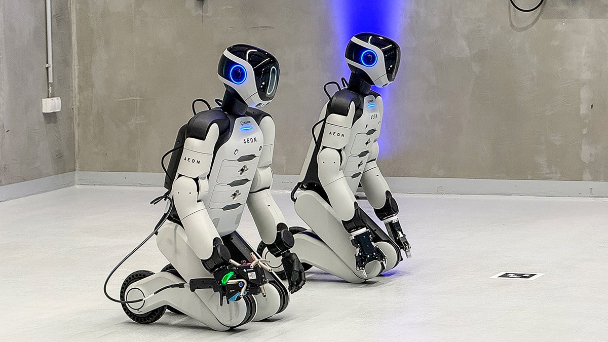 Two humanoid robots, kneeling.