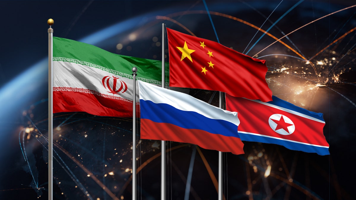 The flags of Iran and its allies North Korea, Russia and China with the earth in the background.