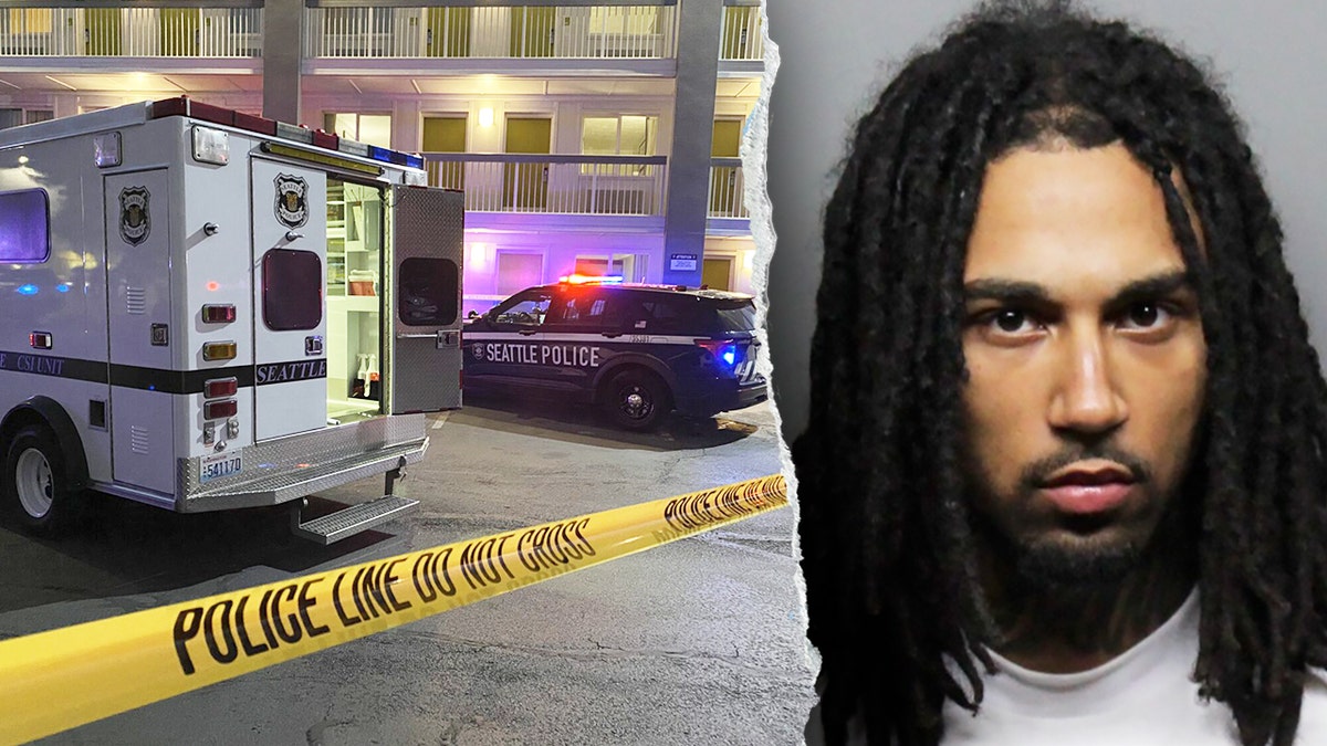 Composite representation  showing Seattle constabulary  vehicles astatine  a transgression  country   and a mugshot of Isaiah Jamon Andrews.