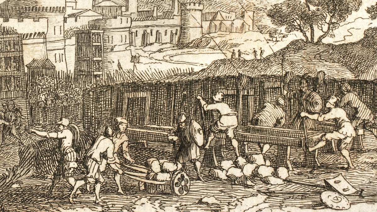 Representação do cerco grego antigo com estilingues