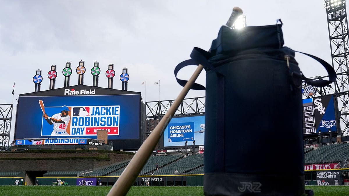 The big screen at Rate Field announcing Jackie Robinson Day before a baseball game