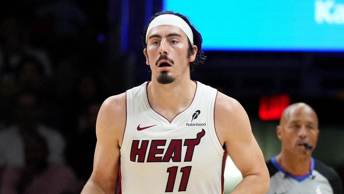 Miami Heat forward Jaime Jaquez Jr. dribbling basketball during game at Kaseya Center