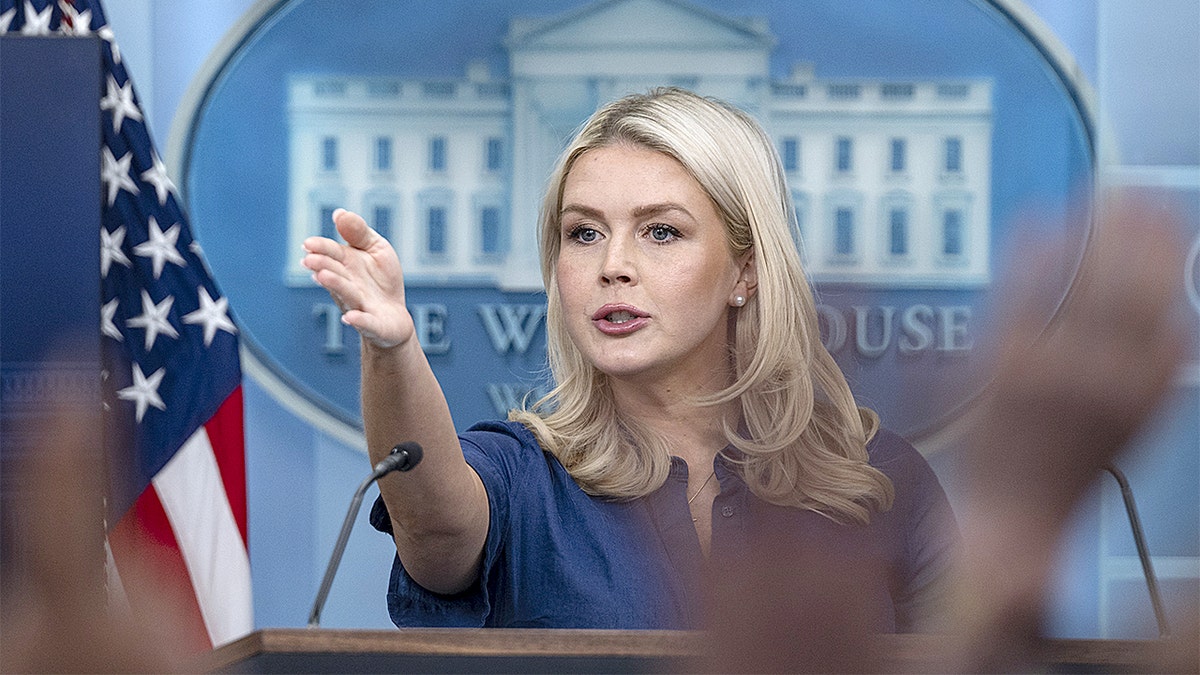 White House press secretary Karoline Leavitt speaking at the White House Press Briefing room podium