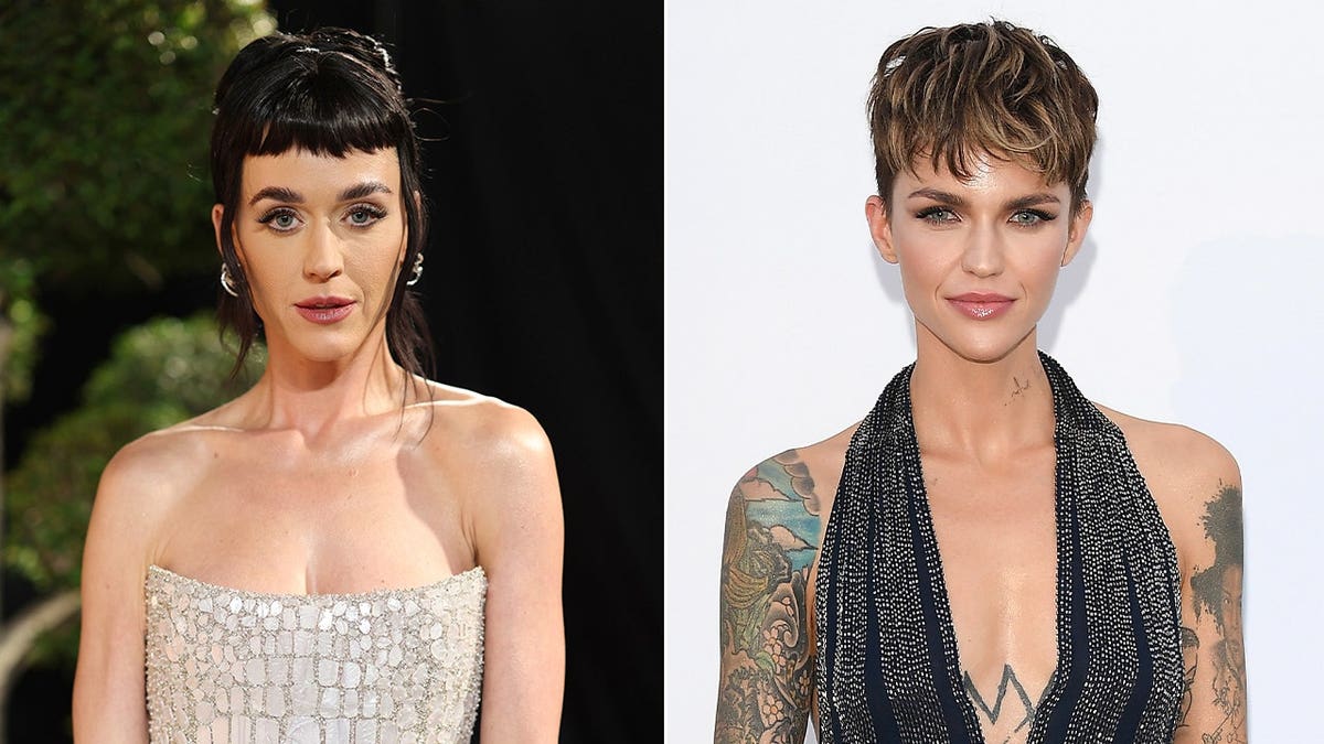 Katy Perry wears white dress, Ruby Rose in black halter.