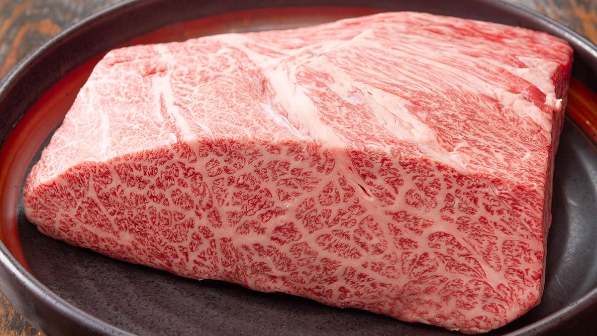 Close-up of Kobe beef steak showing marbling