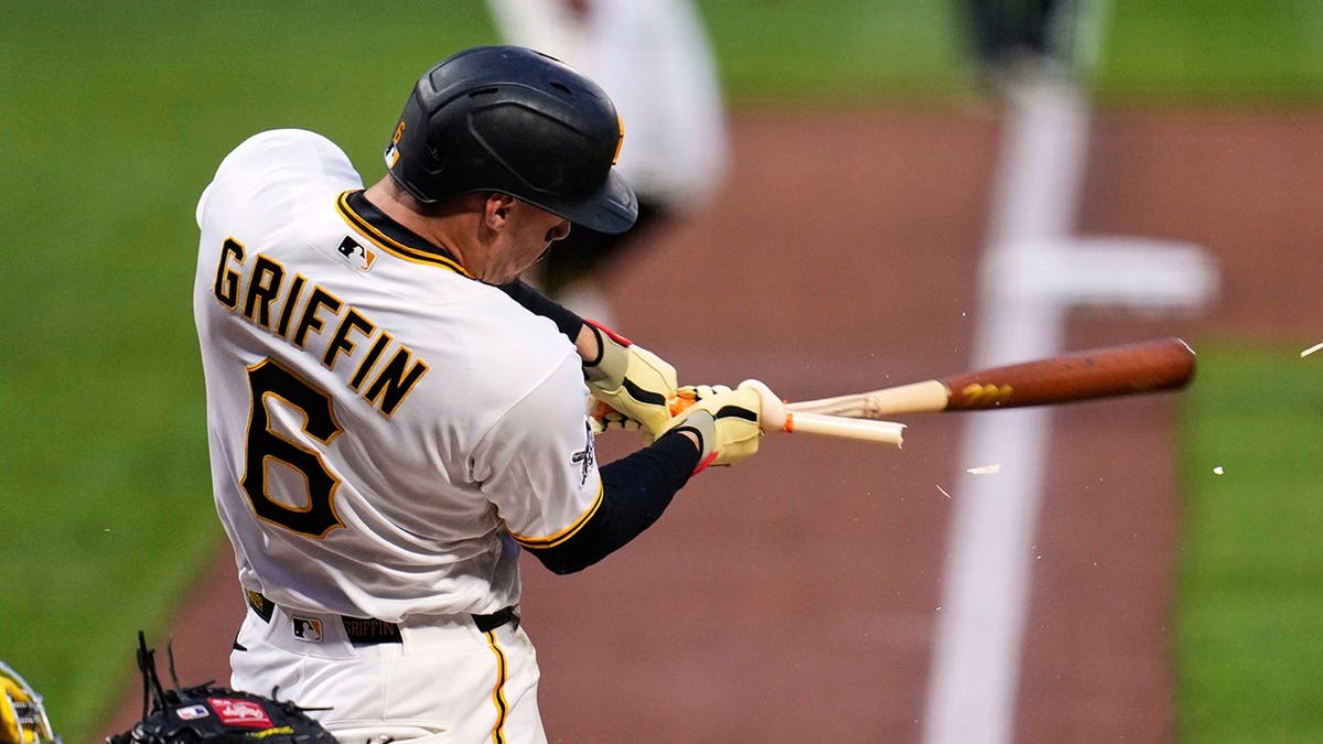 Pittsburgh Pirates' Konnor Griffin breaking his bat during a baseball game.
