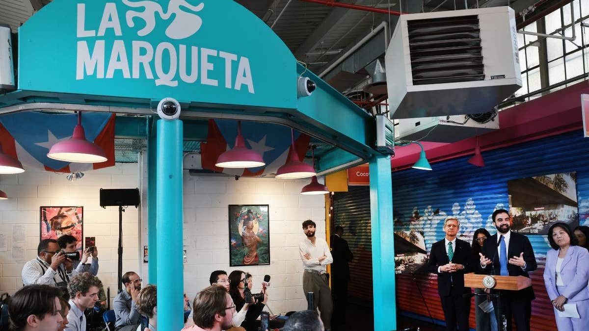 New York City Mayor Zohran Mamdani speaks at La Marqueta in East Harlem on April 14, 2026, as he announces a plan to launch city-run grocery stores across the five boroughs.