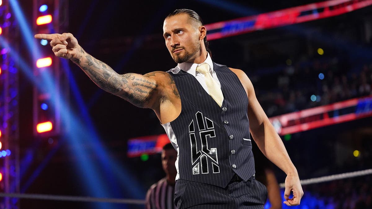 Luca Crusifino entering the wrestling ring at Amalie Arena in Tampa, Florida