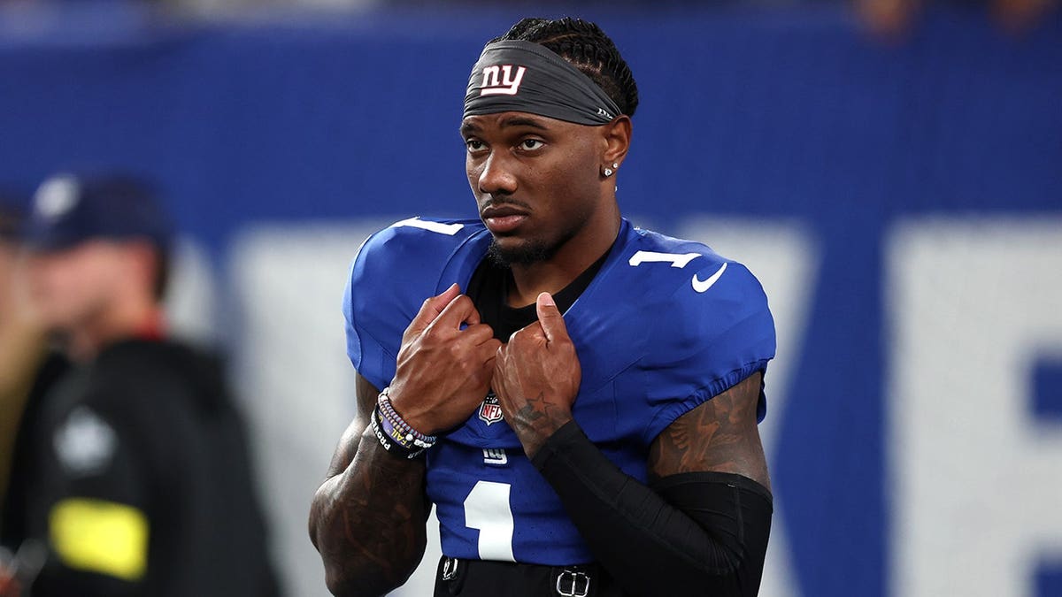 New York Giants wide receiver Malik Nabers looking on before a game at MetLife Stadium