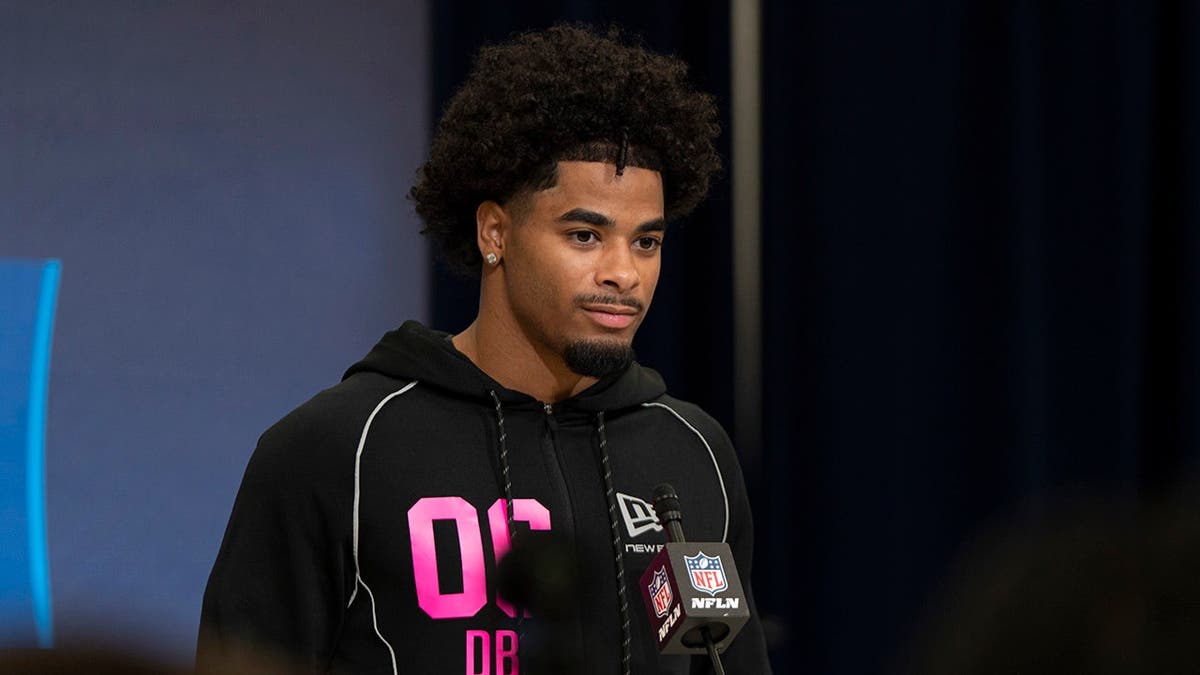 LSU defensive back Mansoor Delane speaking to media at NFL Combine in Indianapolis