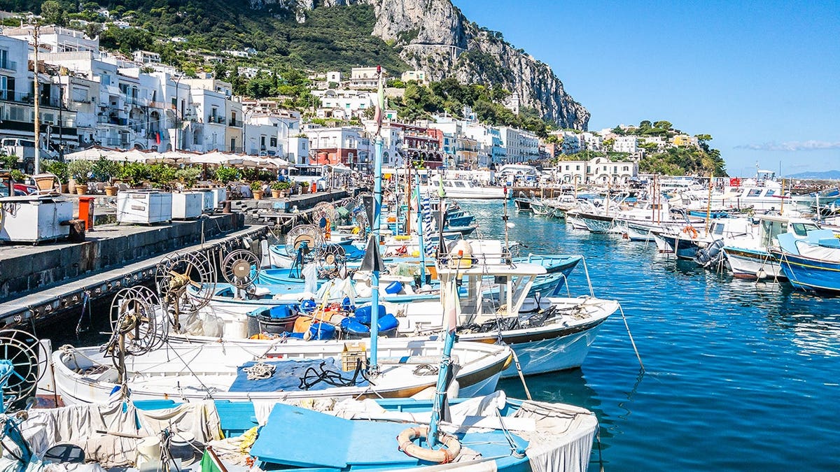 Capri harbor with small fishing boats docked along waterfront and colorful buildings on hillside.
