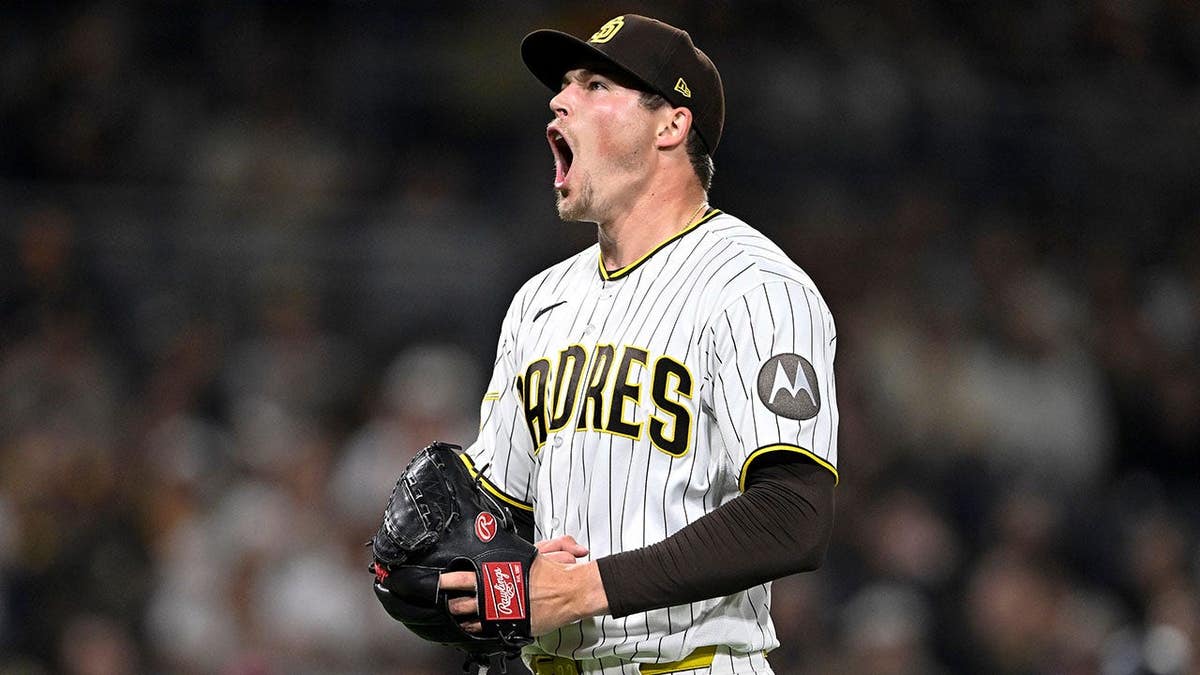 San Diego Padres relief pitcher Mason Miller reacting after pitching in the ninth inning at Petco Park