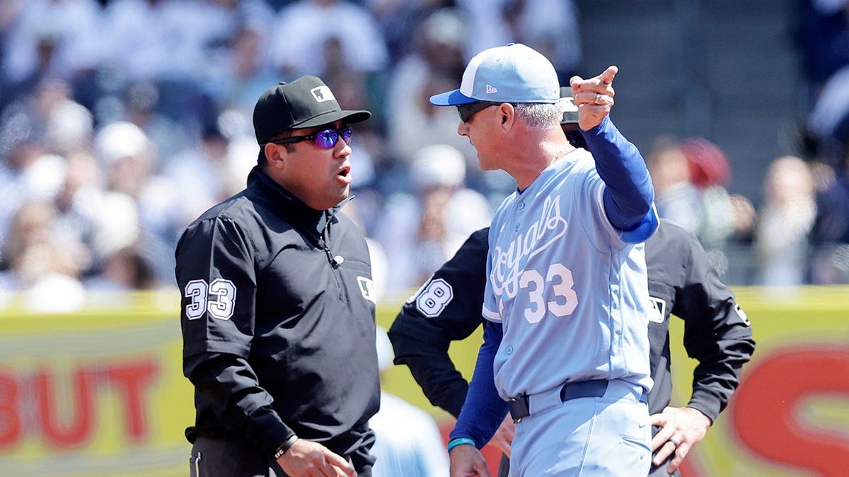 Manager Matt Quatraro arguing with umpire Nestor Ceja at Yankee Stadium