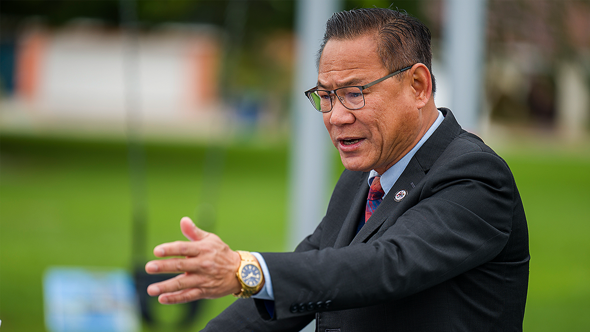 Westminster, CA Mayor Chi Charlie Nguyen speaking at press conference.