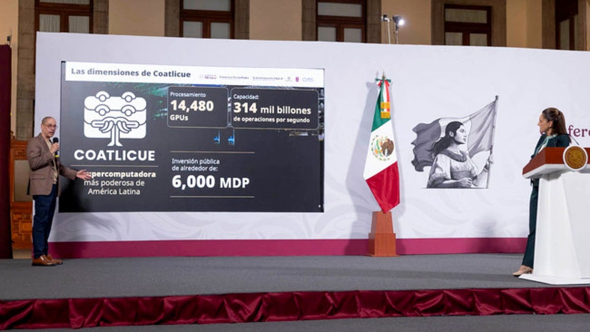 Mexico's President Claudia Sheinbaum in front of a graphic