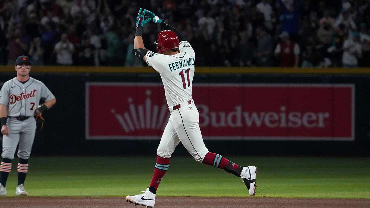 Jose Fernandez celebrates a home run
