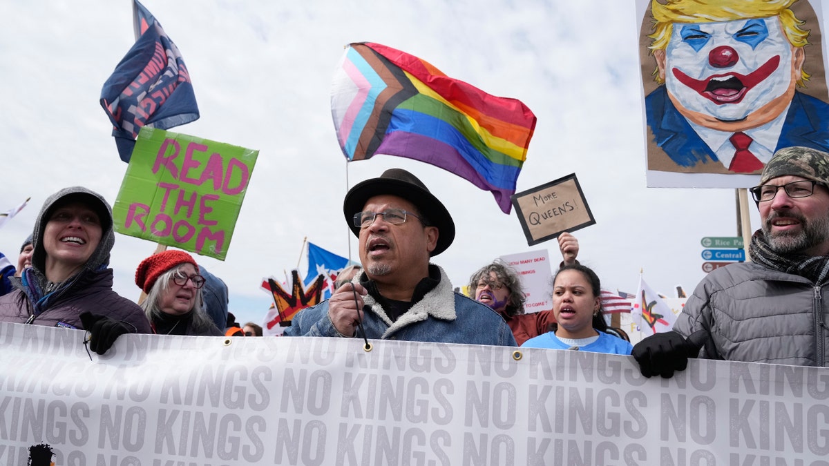 Keith Ellison and others gathering at Saint Paul College for the No Kings protest.
