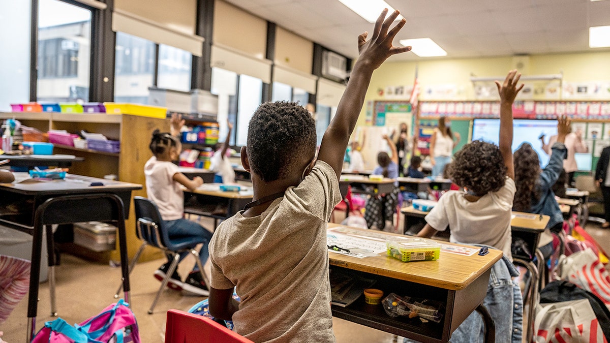 A student raises his hand in a classroom.
