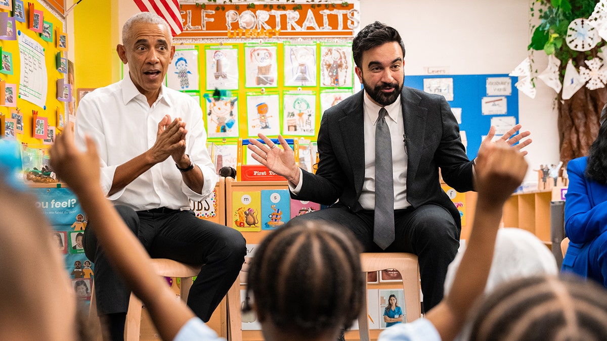 Barack Obama and Zohran Mamdani talking with children at a preschool.