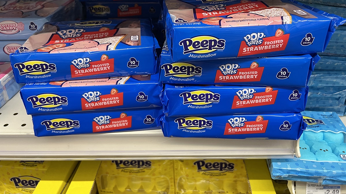 Marshmallow Peeps and other Easter items are on display in a retail store, Lafayette, California, March 24, 2026.