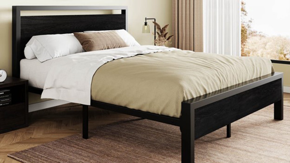 Wood and metal create a sturdy bed frame.