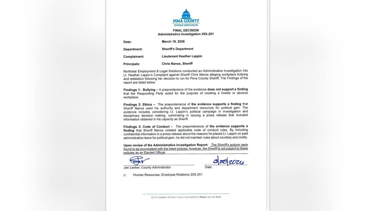 A memo finds Pima County Sheriff Chris Nanos did not bully his political opponent and subordinate Heather Lappin but allegedly violated his department's code of conduct and used his authority for political gain.