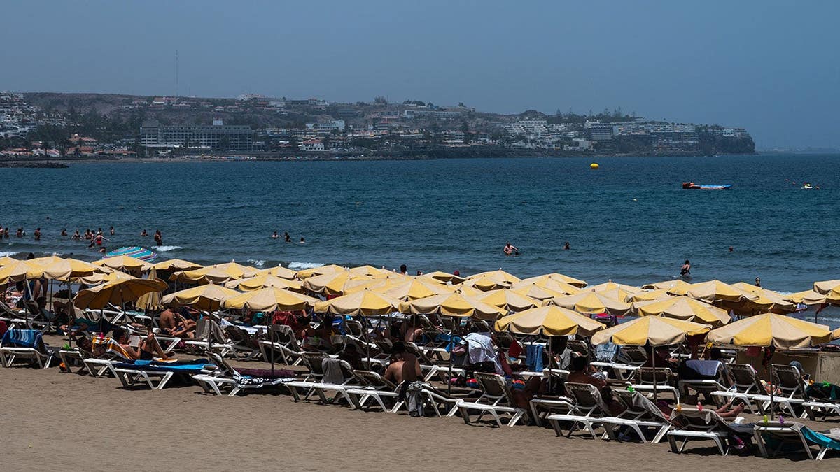 View of Playa del Ingles beach with umbrellas and sun loungers in Maspalomas