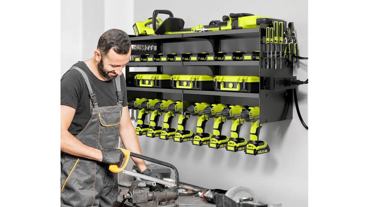 Safely organize your tools on this multi-shelf unit.