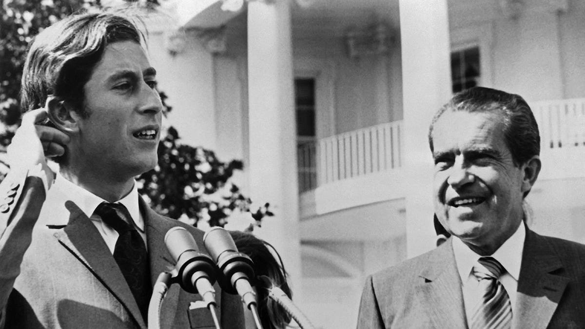 Prince Charles of Wales standing with President Richard Nixon in Washington