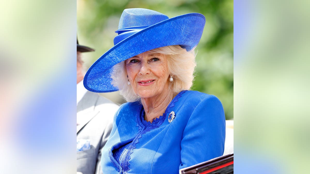 Queen Camilla wearing a blue outfit and sapphire brooch at Royal Ascot racecourse