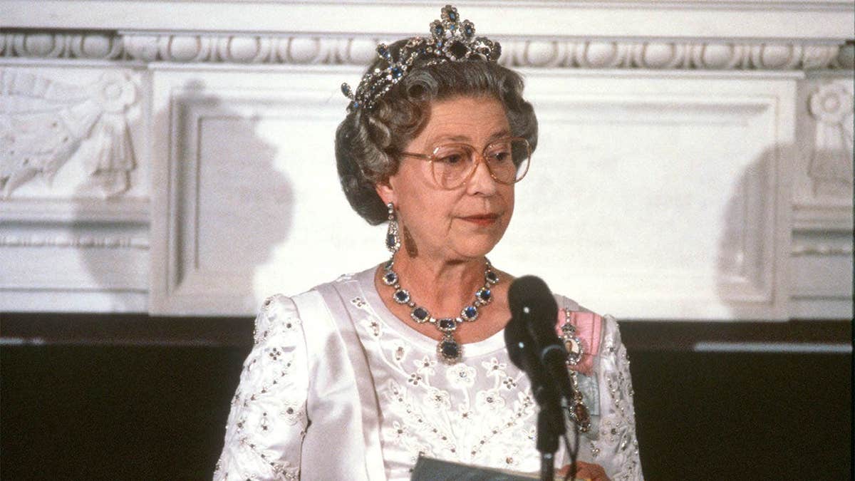 Queen Elizabeth II speaking during a State Dinner in the White House State Dining Room