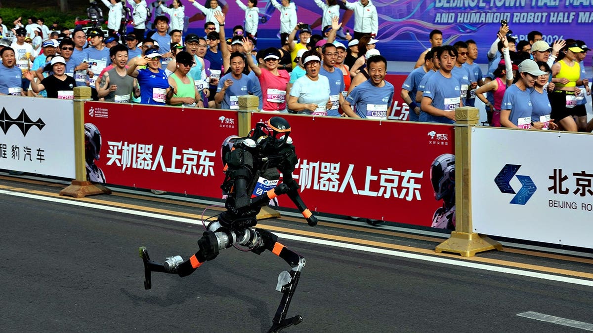 Um robô ao lado de maratonistas humanos na linha de largada
