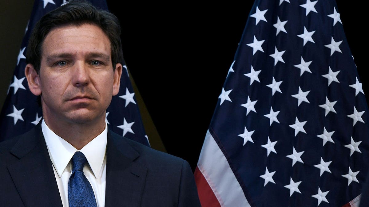 Florida Governor Ron DeSantis speaking at a press conference at Reedy Creek Administration Building