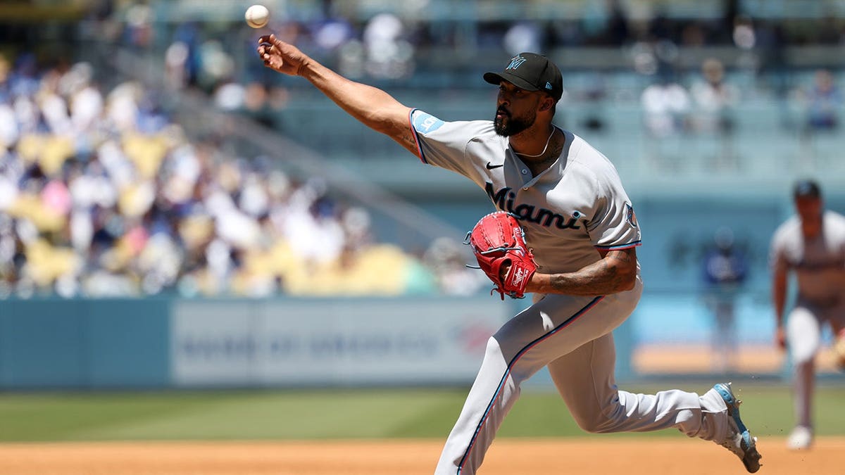 Miami Marlins pitcher Sandy Alcantara pitching during a baseball game at Dodger Stadium