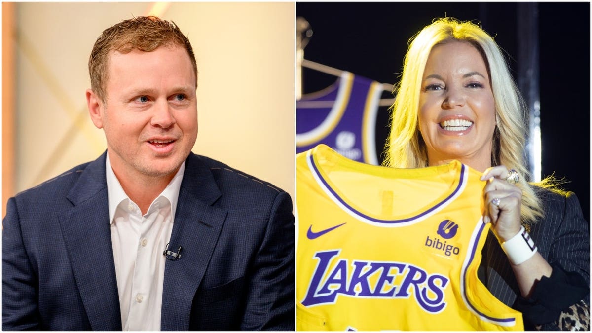 A side-by-side image shows Spencer Pratt in a navy suit on the left and Jeanie Buss on the right holding a Los Angeles Lakers jersey.