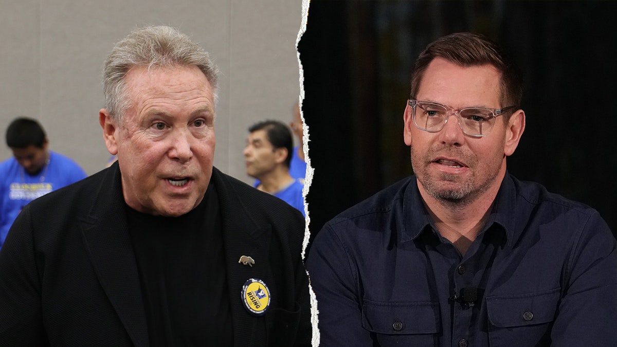 Billionaire Stephen Cloobeck standing next to Rep. Eric Swalwell in a formal setting