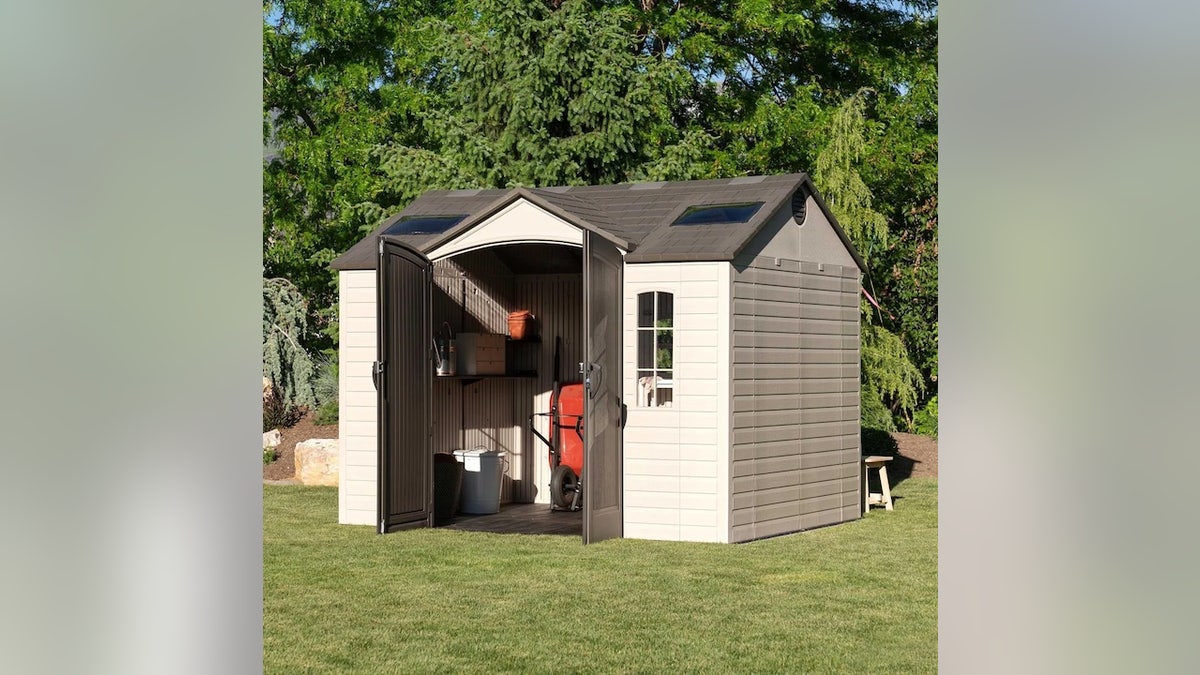 Lifetime's shed features a double door and skylights.