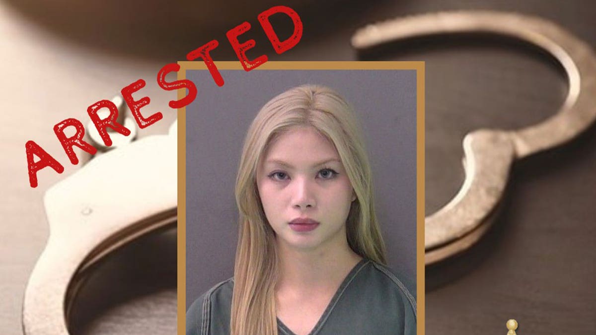 Mug shot of a former substitute teacher against a background of handcuffs