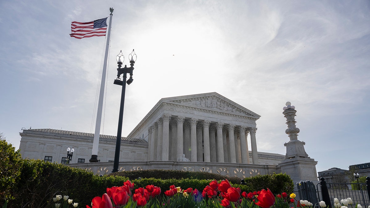 Flowers adorn a garden in front of the U.S. Supreme Court building on March 31, 2026 in Washington, D.C. 