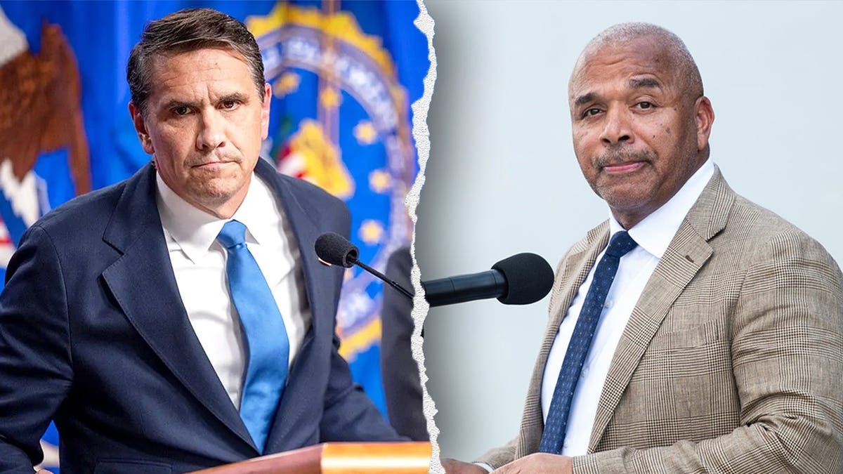 Split image of Acting Attorney General Todd Blanche and SPLC interim CEO Bryan Fair speaking at podiums.