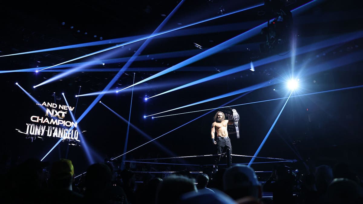 Tony D'Angelo celebrating in wrestling ring at NXT Stand and Deliver event