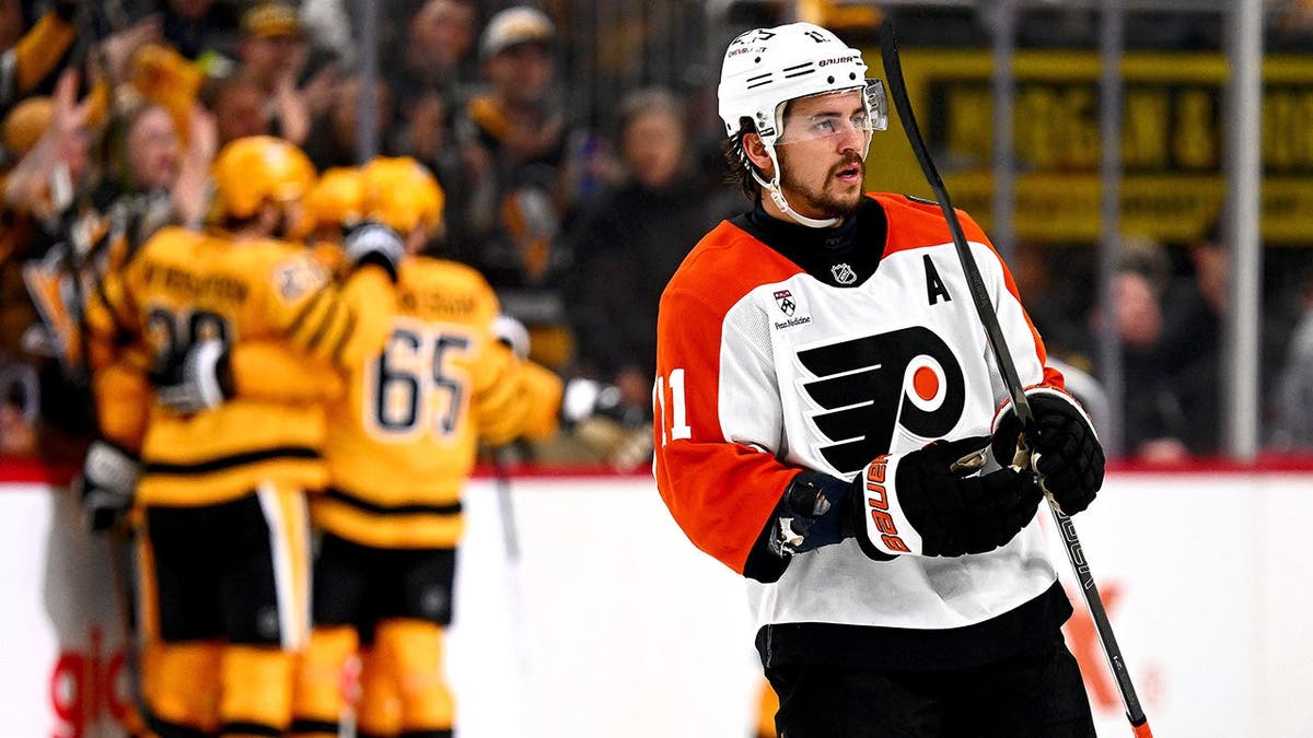 Travis Konecny of the Philadelphia Flyers reacting during a hockey game at PPG Paints Arena